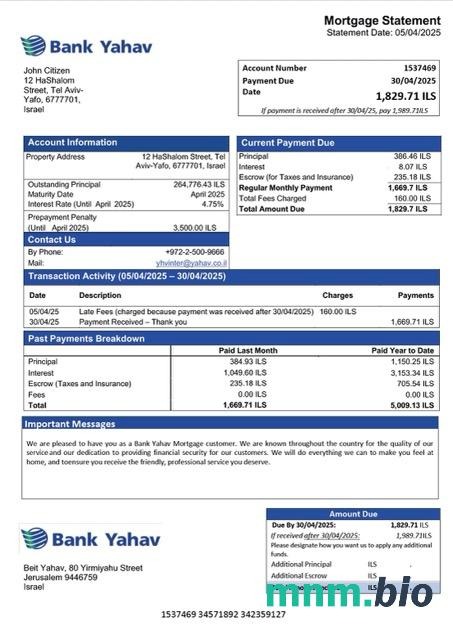 Izrael Bank Yahav wyciąg z kredytu hipotecznego szablon Word i PDF